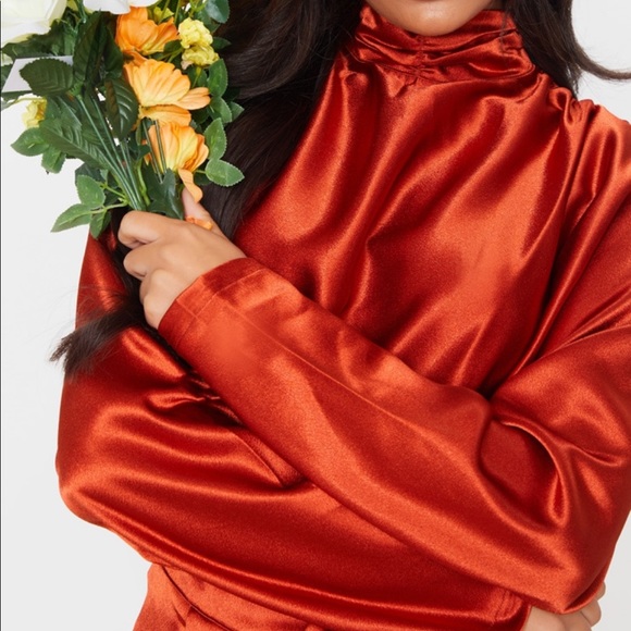 Rust Burnt Orange Satin High Neck Long Sleeve Midi Dress - Picture 4 of 8
